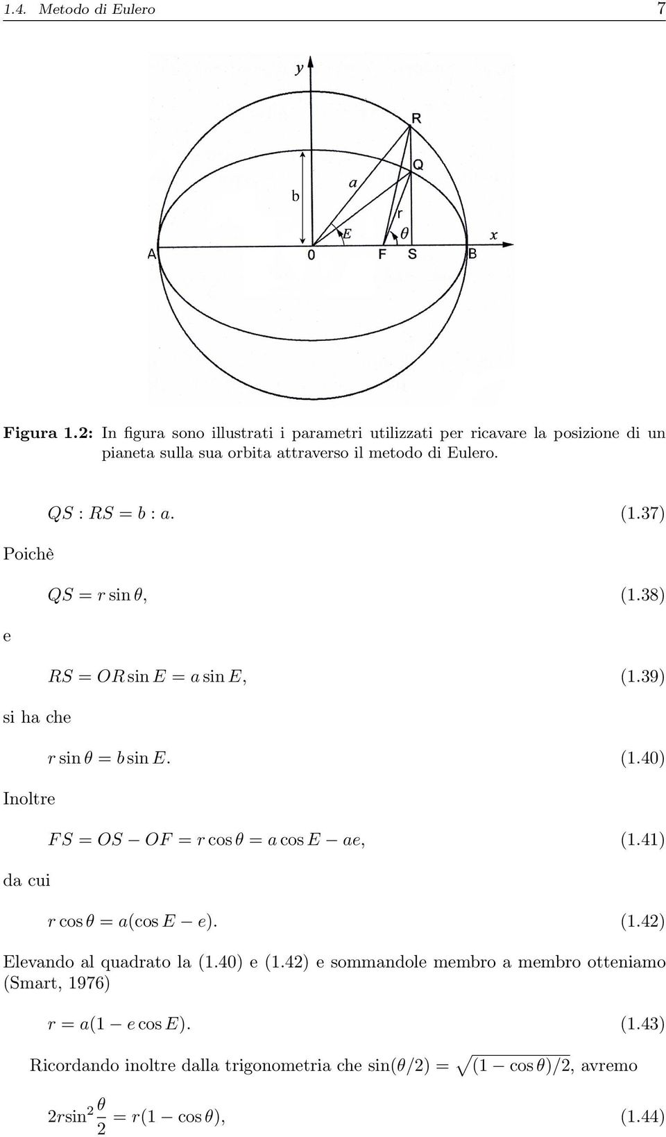 QS : RS = b : a. (1.37) Poichè QS = r sin θ, (1.38) RS = OR sin E = a sin E, (1.39) e si ha che r sin θ = b sin E. (1.40) Inoltre F S = OS OF = r cos θ = a cos E ae, (1.