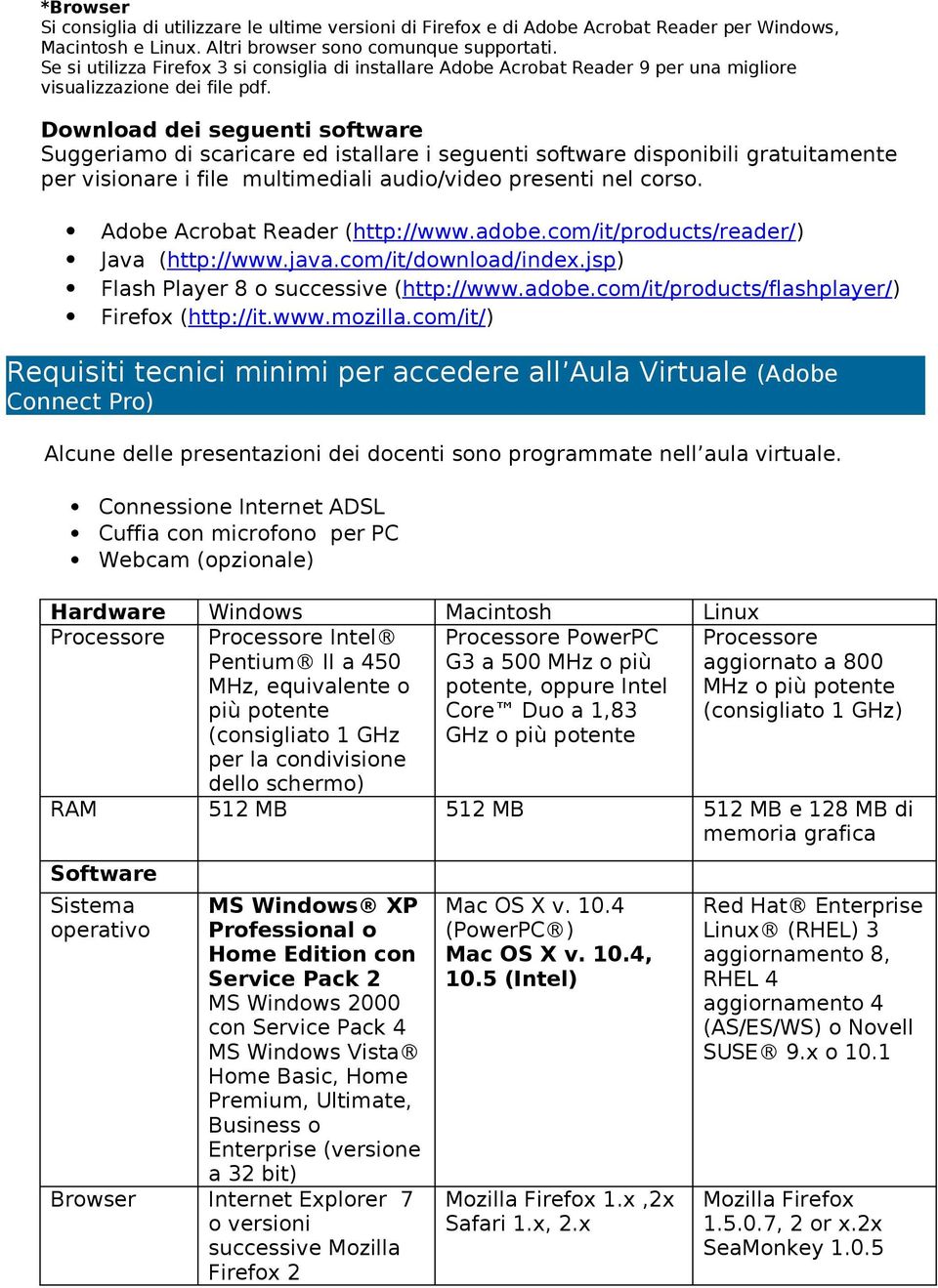 Download dei seguenti software Suggeriamo di scaricare ed istallare i seguenti software disponibili gratuitamente per visionare i file multimediali audio/video presenti nel corso.