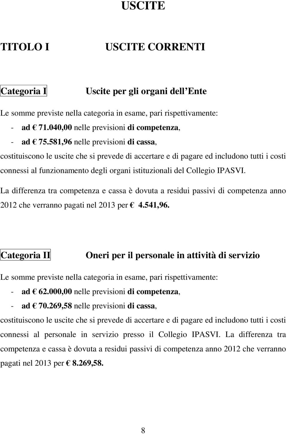 La differenza tra competenza e cassa è dovuta a residui passivi di competenza anno 2012 che verranno pagati nel 2013 per 4.541,96.
