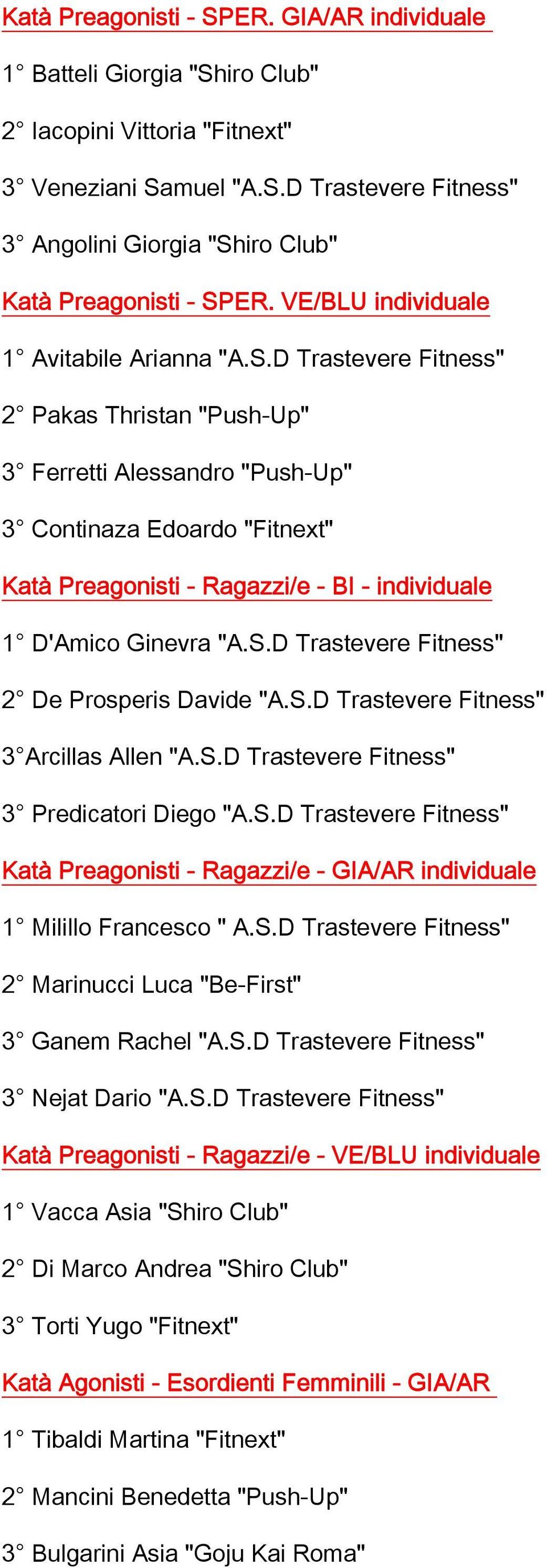 D Trastevere Fitness" 2 Pakas Thristan "Push-Up" 3 Ferretti Alessandro "Push-Up" 3 Continaza Edoardo "Fitnext" Katà Preagonisti - Ragazzi/e - BI - individuale 1 D'Amico Ginevra "A.S.