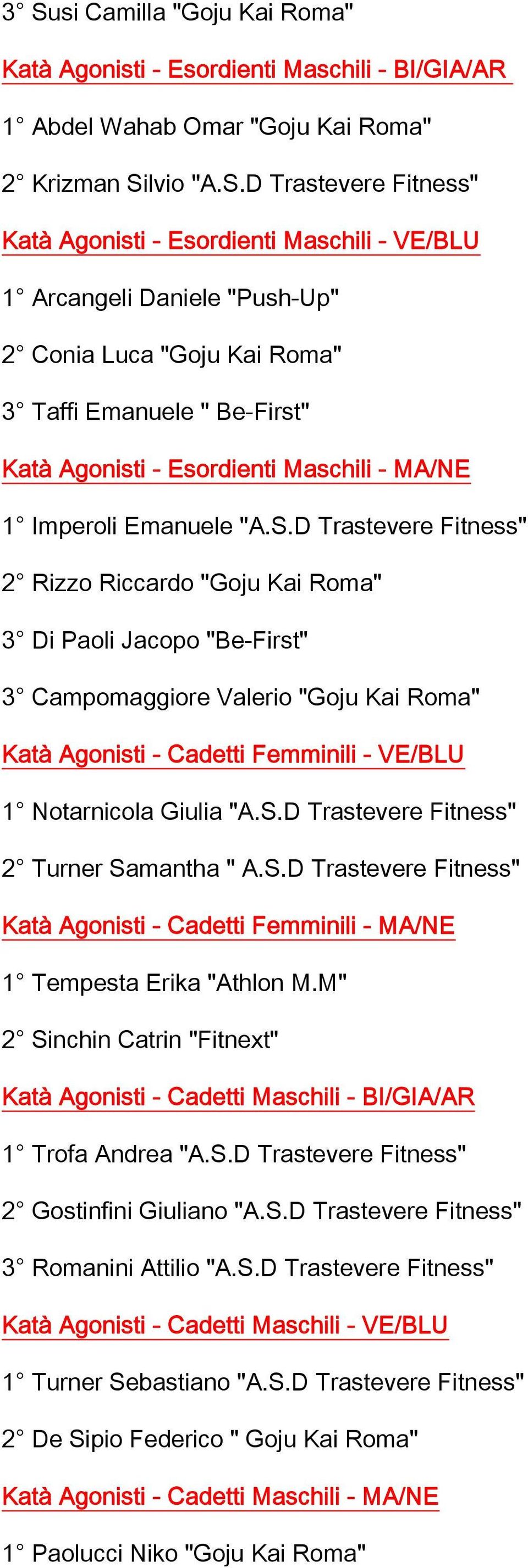 D Trastevere Fitness" 2 Rizzo Riccardo "Goju Kai Roma" 3 Di Paoli Jacopo "Be-First" 3 Campomaggiore Valerio "Goju Kai Roma" Katà Agonisti - Cadetti Femminili - VE/BLU 1 Notarnicola Giulia "A.S.