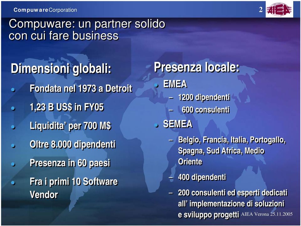 000 dipendenti Presenza in 60 paesi Fra i primi 10 Software Vendor Presenza locale: EMEA 1200 dipendenti 600