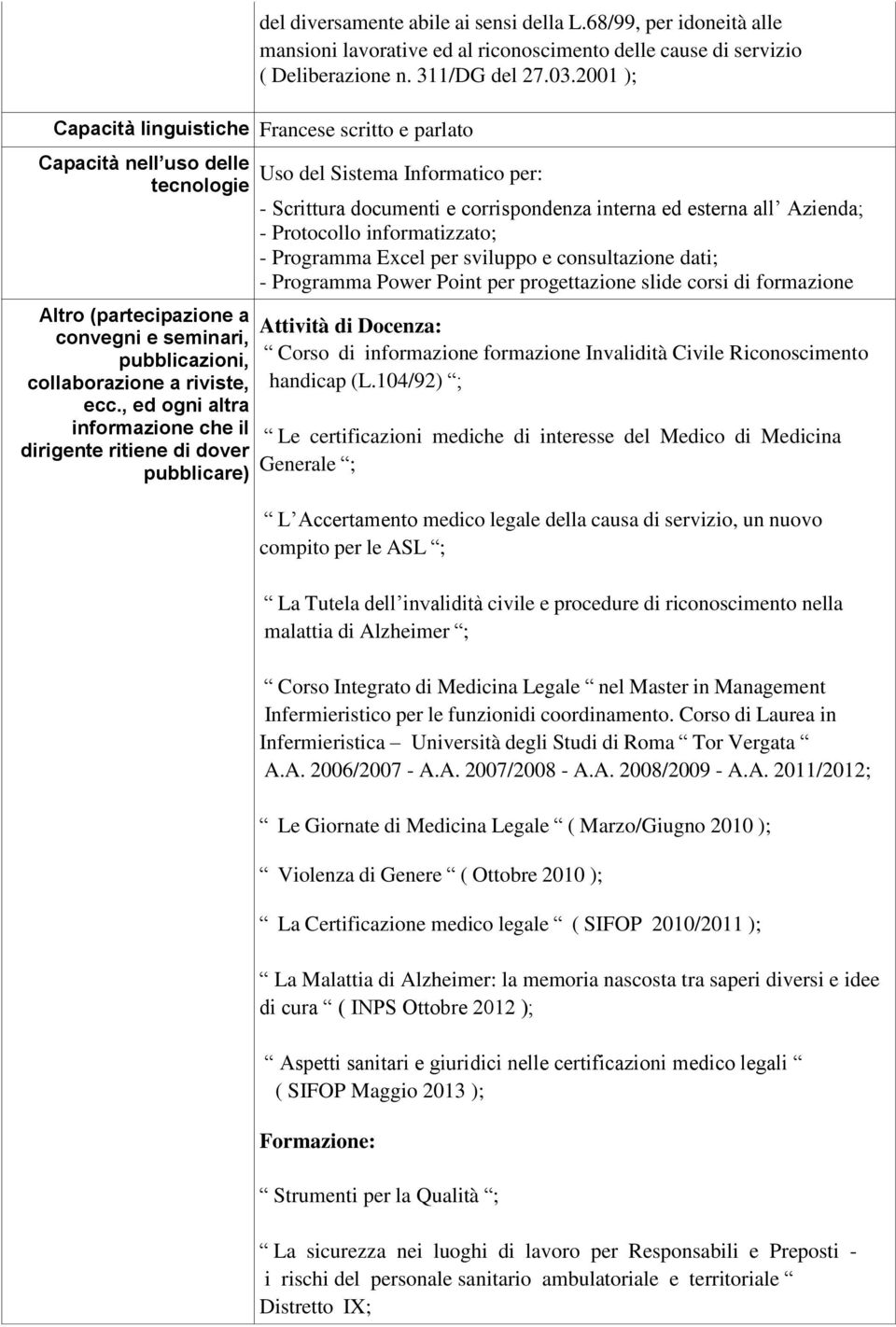 , ed ogni altra informazione che il dirigente ritiene di dover pubblicare) Uso del Sistema Informatico per: - Scrittura documenti e corrispondenza interna ed esterna all Azienda; - Protocollo