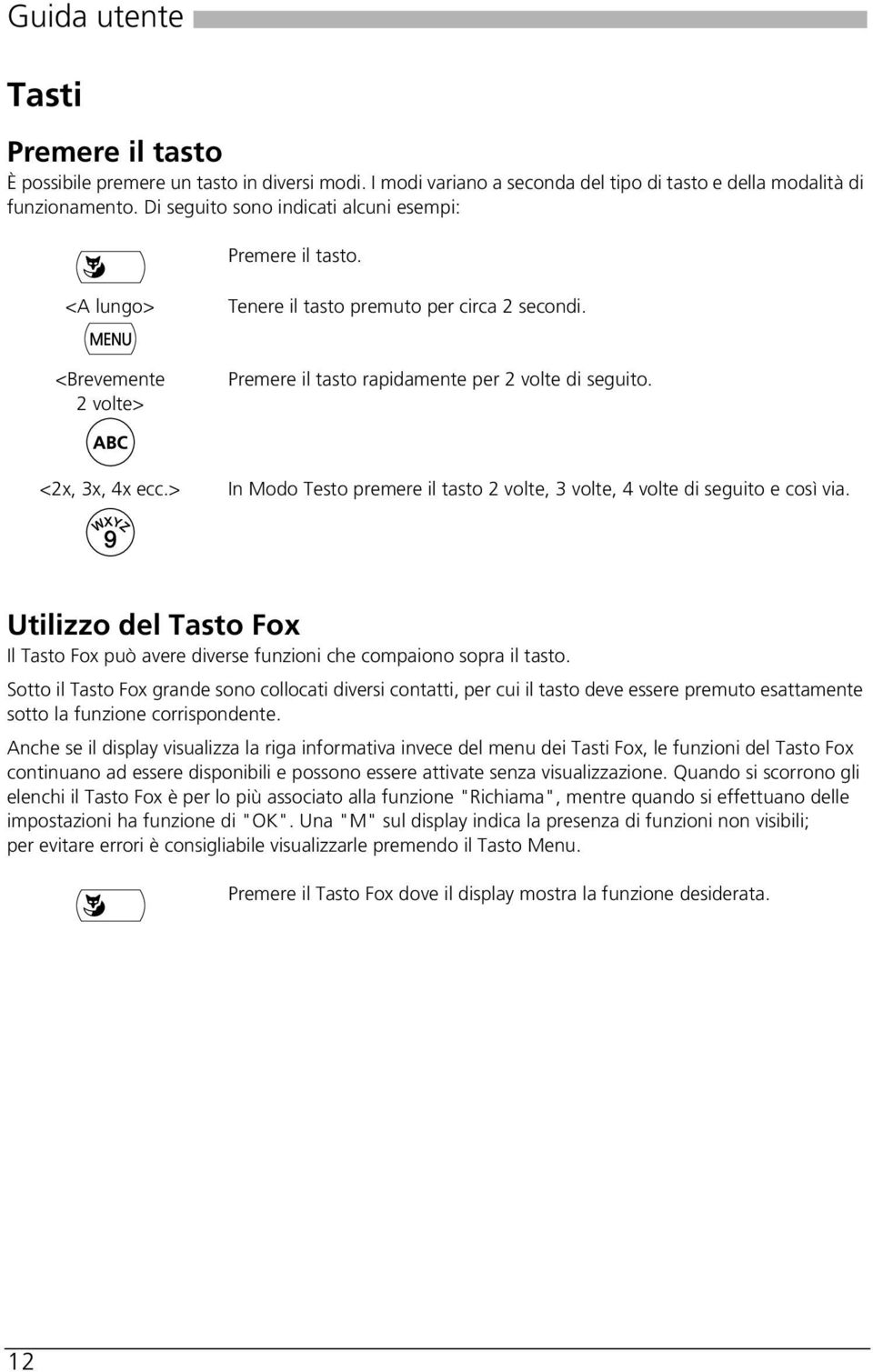 <2x, 3x, 4x ecc.> In Modo Testo premere il tasto 2 volte, 3 volte, 4 volte di seguito e così via. Utilizzo del Tasto Fox Il Tasto Fox può avere diverse funzioni che compaiono sopra il tasto.