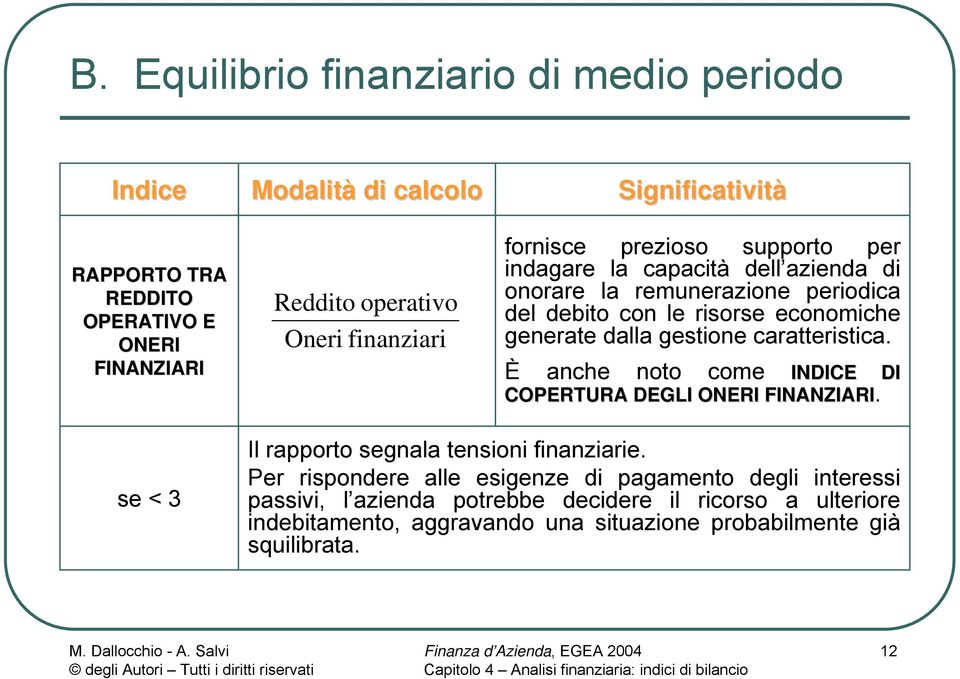 caratteristica. È anche noto come INDICE DI COPERTURA DEGLI ONERI FINANZIARI. se < 3 Il rapporto segnala tensioni finanziarie.