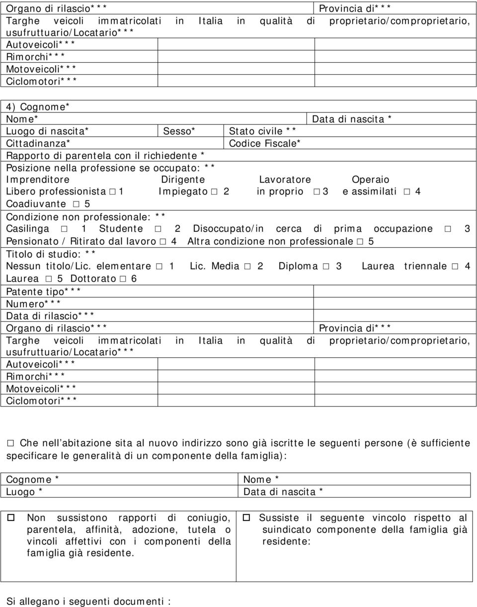 occupato: ** Imprenditore Dirigente Lavoratore Operaio Libero professionista 1 Impiegato 2 in proprio 3 e assimilati 4 Coadiuvante 5 Condizione non professionale: ** Casilinga 1 Studente 2