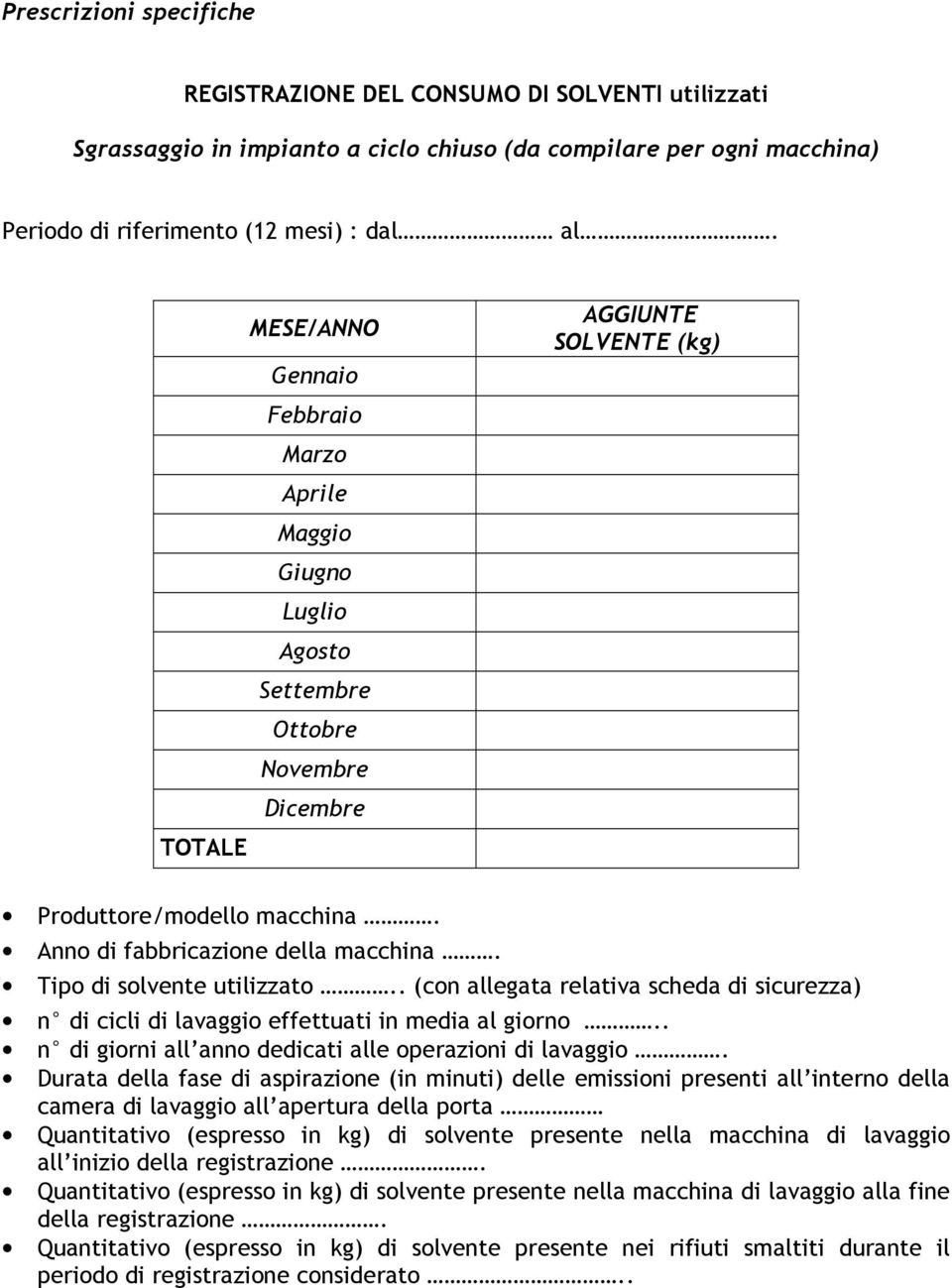 Tipo di solvente utilizzato.. (con allegata relativa scheda di sicurezza) n di cicli di lavaggio effettuati in media al giorno.. n di giorni all anno dedicati alle operazioni di lavaggio.