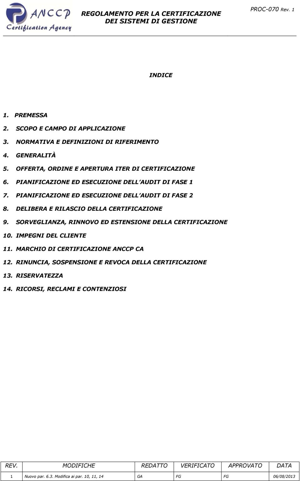 SORVEGLIANZA, RINNOVO ED ESTENSIONE DELLA CERTIFICAZIONE 10. IMPEGNI DEL CLIENTE 11. MARCHIO DI CERTIFICAZIONE ANCCP CA 12.