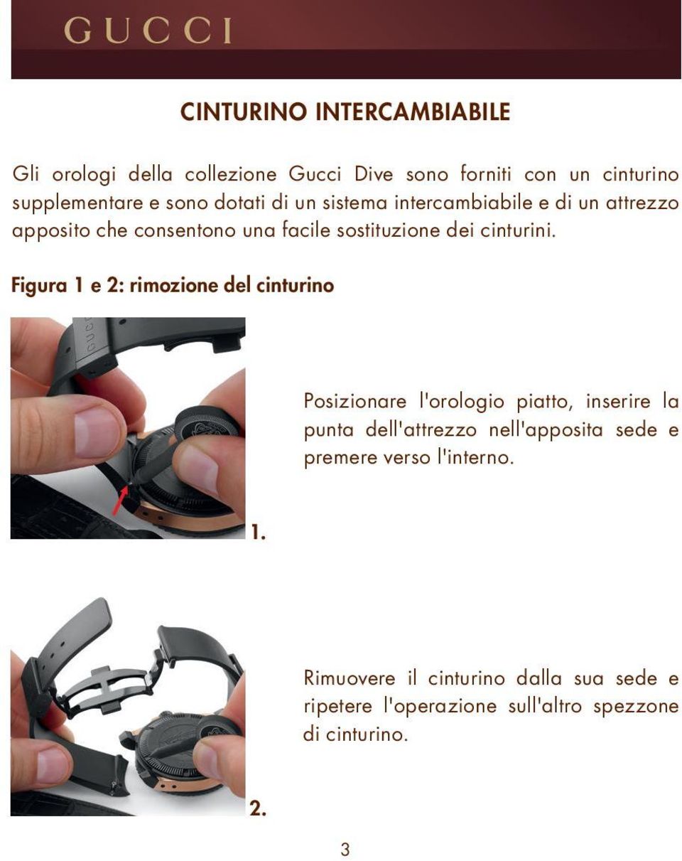 Figura 1 e 2: rimozione del cinturino Posizionare l'orologio piatto, inserire la punta dell'attrezzo nell'apposita sede