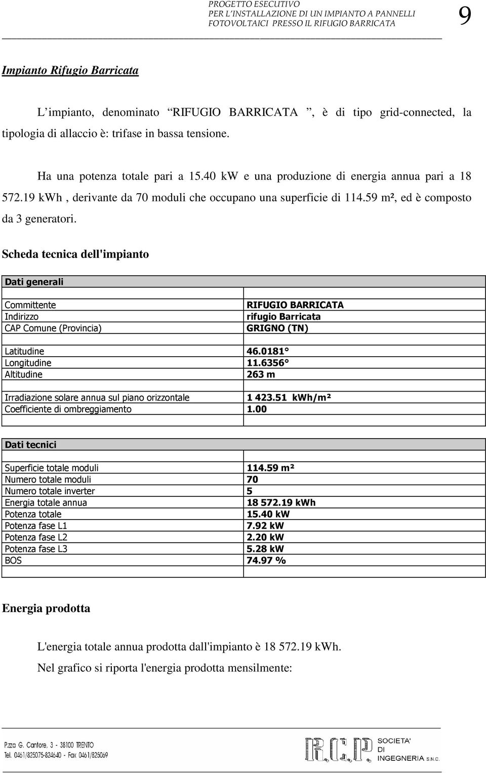 Scheda tecnica dell'impianto Dati generali Committente Indirizzo CAP Comune (Provincia) RIFUGIO BARRICATA rifugio Barricata GRIGNO (TN) Latitudine 46.0181 Longitudine 11.