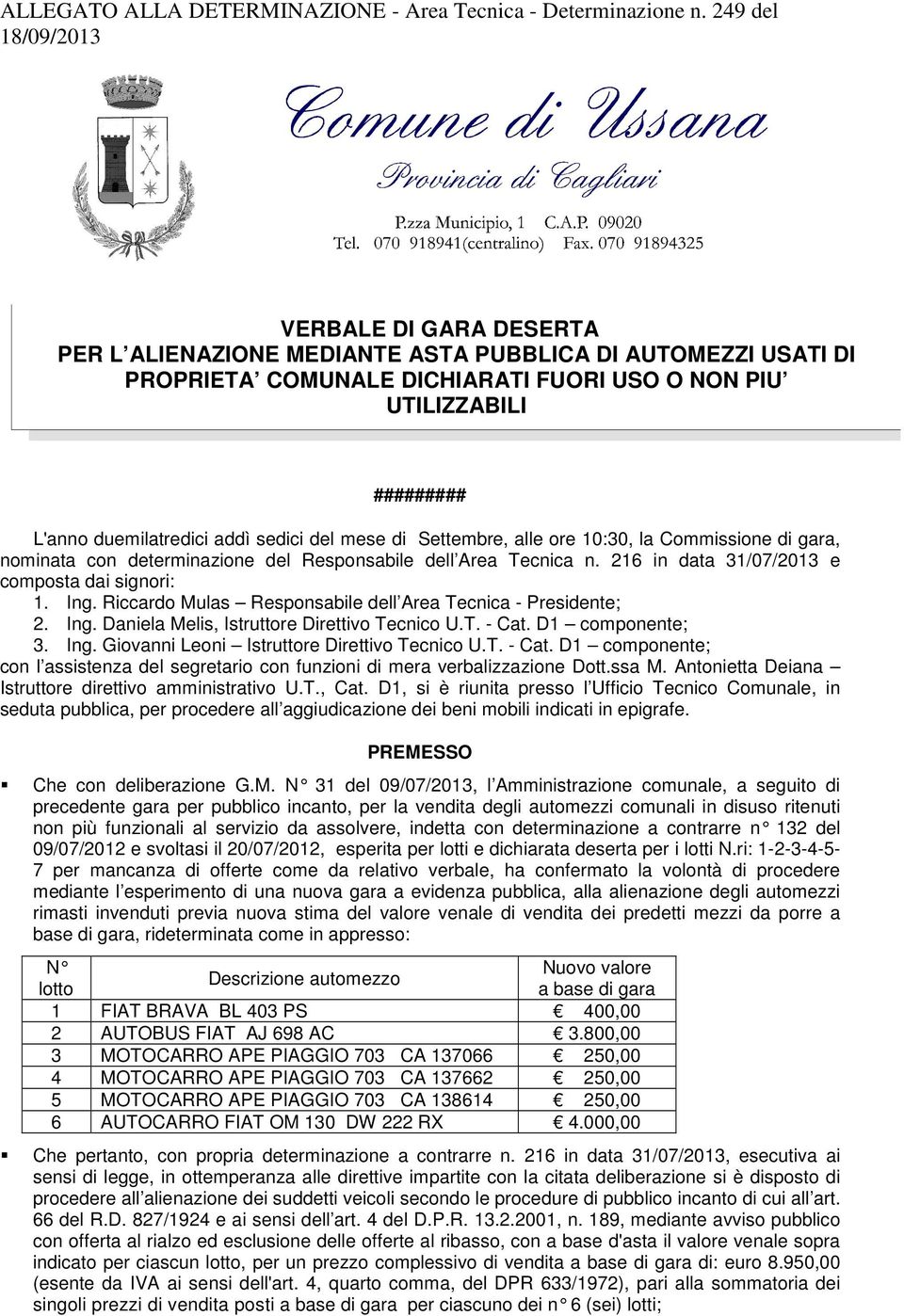 duemilatredici addì sedici del mese di Settembre, alle ore 10:30, la Commissione di gara, nominata con determinazione del Responsabile dell Area Tecnica n.