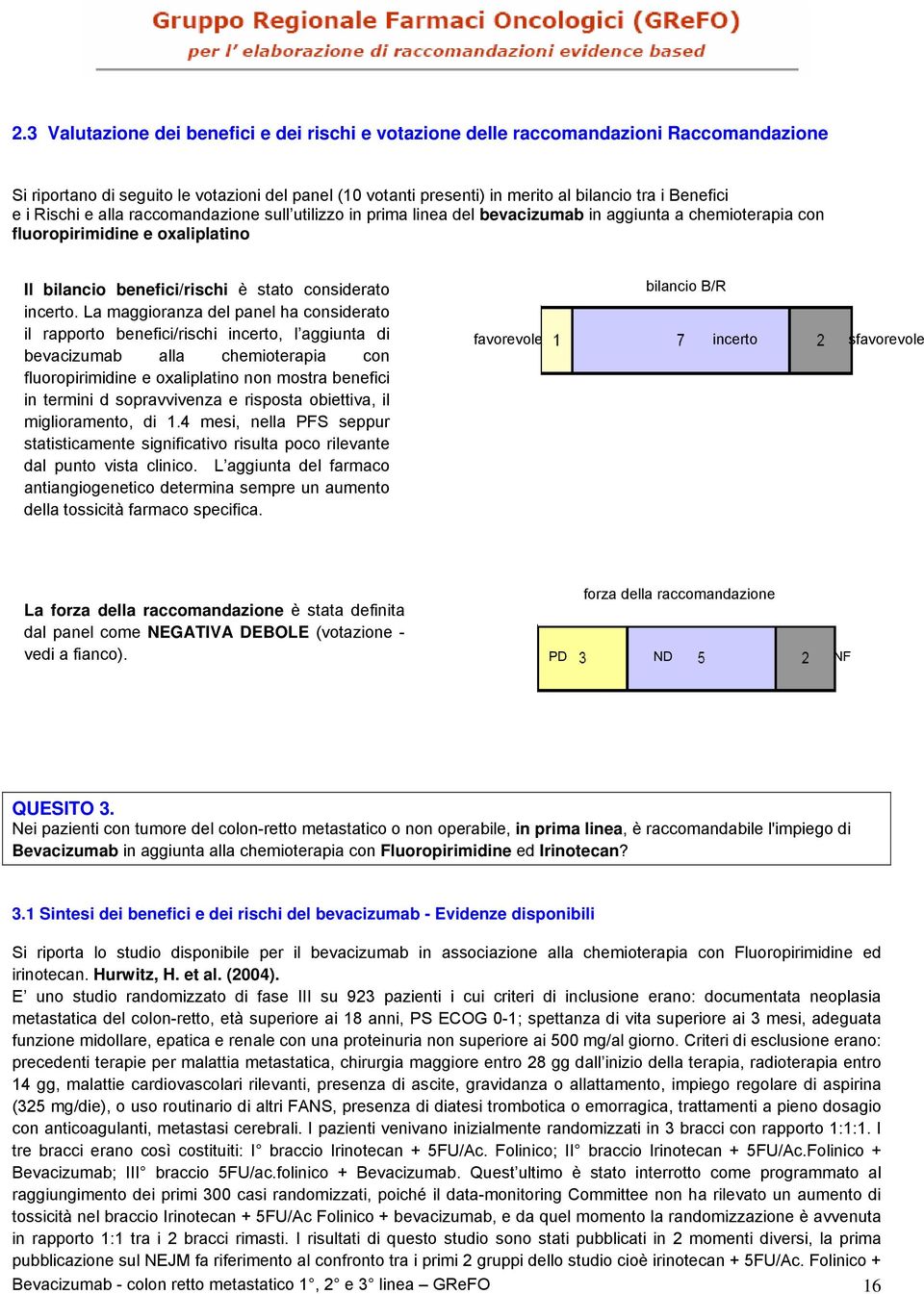 La maggioranza del panel ha considerato il rapporto benefici/rischi incerto, l aggiunta di bevacizumab alla chemioterapia con fluoropirimidine e oxaliplatino non mostra benefici in termini d