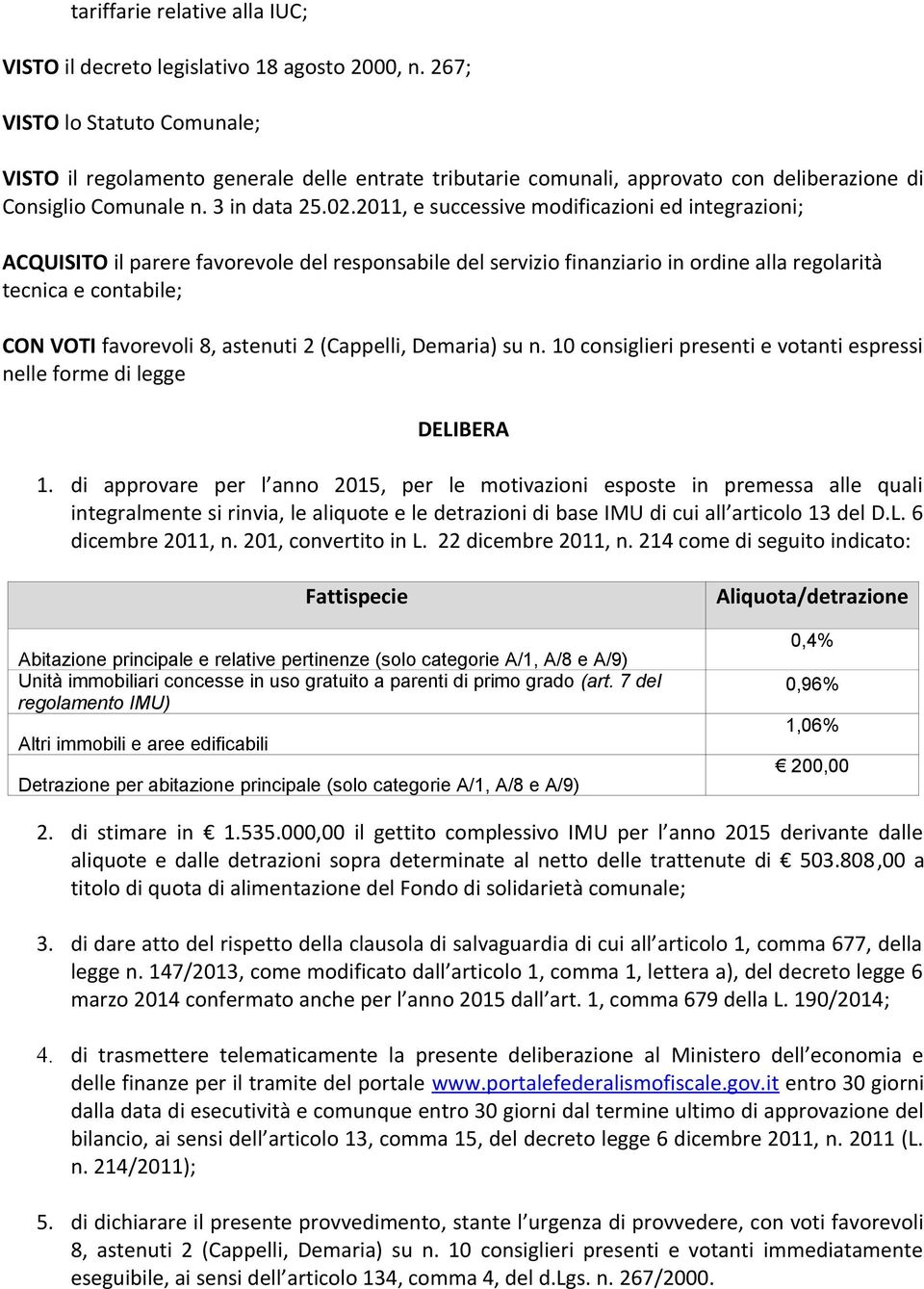 2011, e successive modificazioni ed integrazioni; ACQUISITO il parere favorevole del responsabile del servizio finanziario in ordine alla regolarità tecnica e contabile; CON VOTI favorevoli 8,