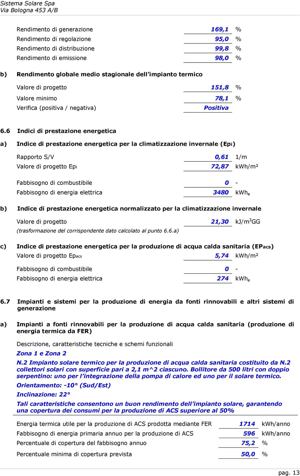 6 Indici di prestazione energetica a) Indice di prestazione energetica per la climatizzazione invernale (Epi) Rapporto S/V 0,61 1/m Valore di progetto Epi 72,87 kwh/m² Fabbisogno di combustibile 0 -