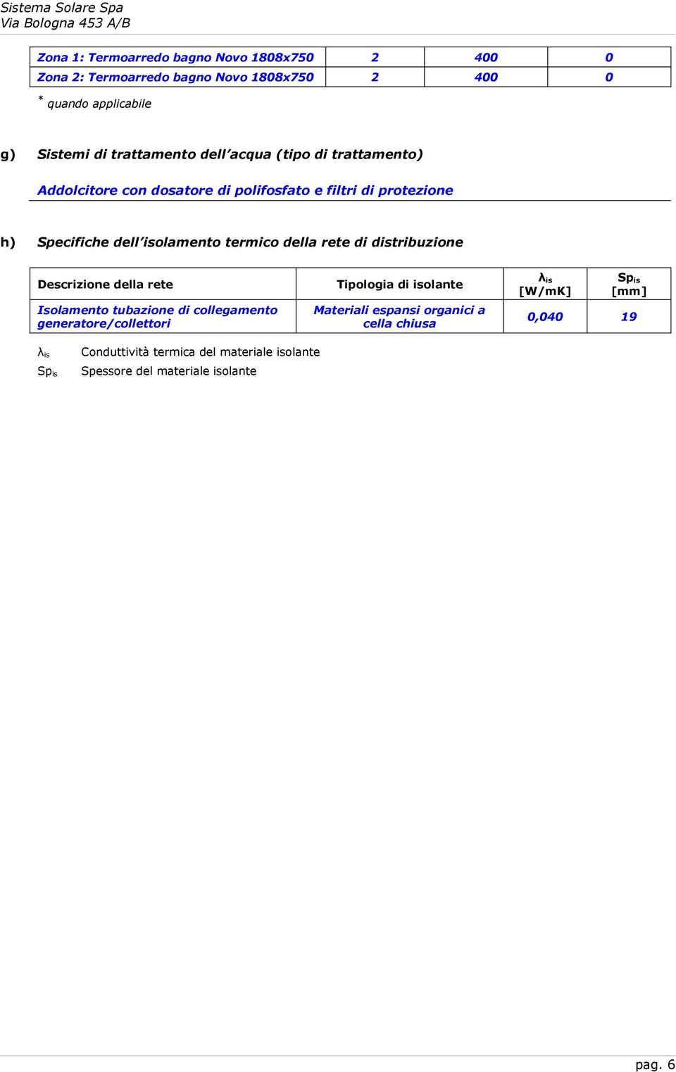 rete di distribuzione Descrizione della rete Isolamento tubazione di collegamento generatore/collettori Tipologia di isolante Materiali espansi