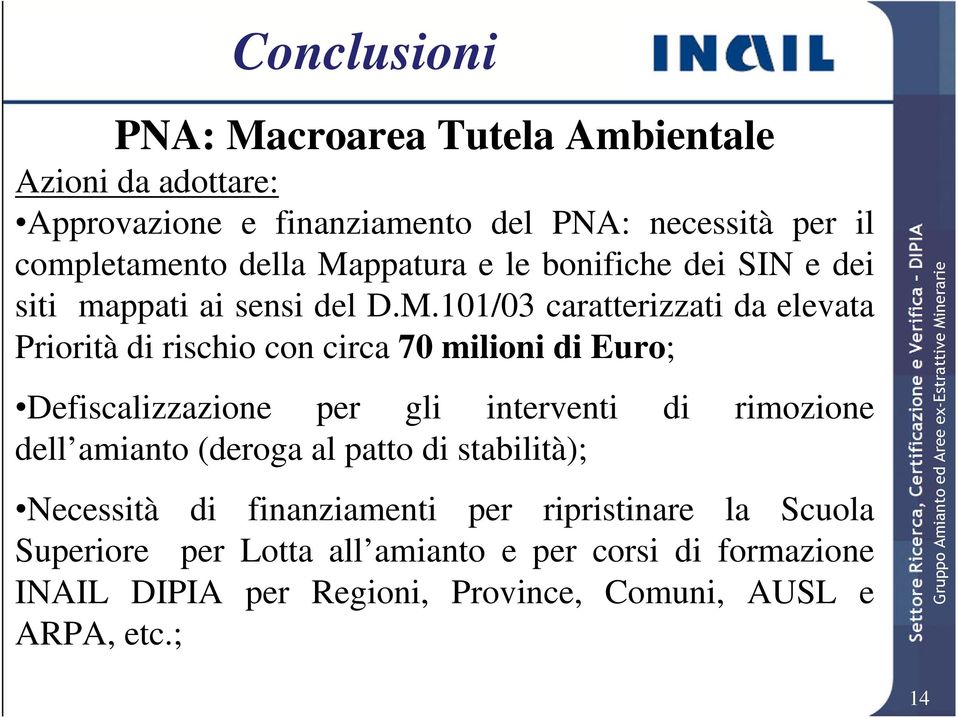 milioni di Euro; Defiscalizzazione per gli interventi di rimozione dell amianto (deroga al patto di stabilità); Necessità di finanziamenti