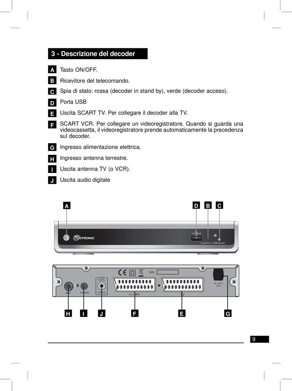 Per collegare un videoregistratore. Quando si guarda una videocassetta, il videoregistratore prende automaticamente la precedenza sul decoder.