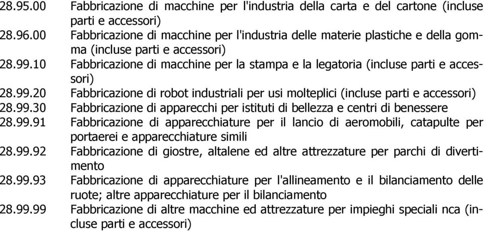 99.91 Fabbricazione di apparecchiature per il lancio di aeromobili, catapulte per portaerei e apparecchiature simili 28.99.92 Fabbricazione di giostre, altalene ed altre attrezzature per parchi di divertimento 28.