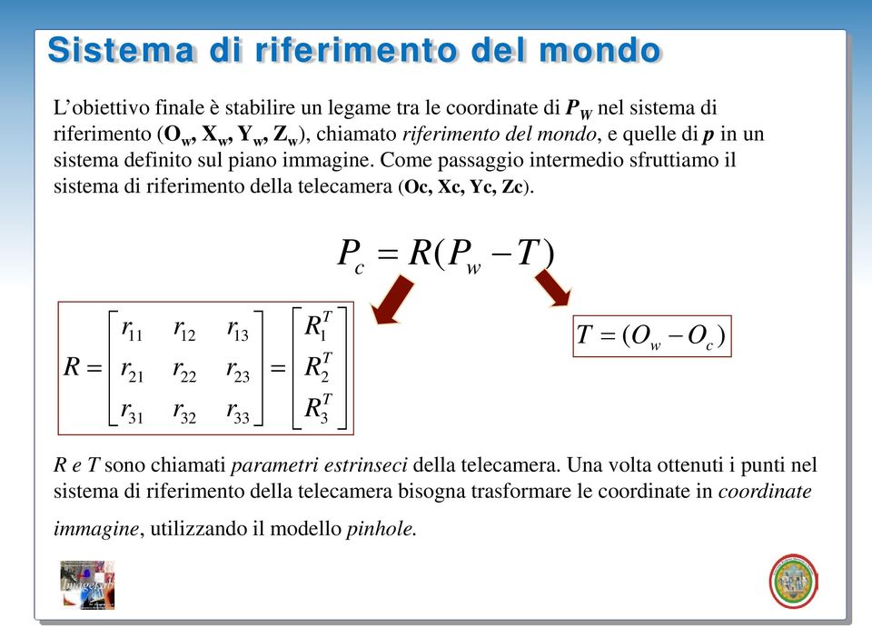 Come passaggio intemedio sfuttiamo il sistema di ifeimento della telecamea (Oc, Xc, Yc, Zc).