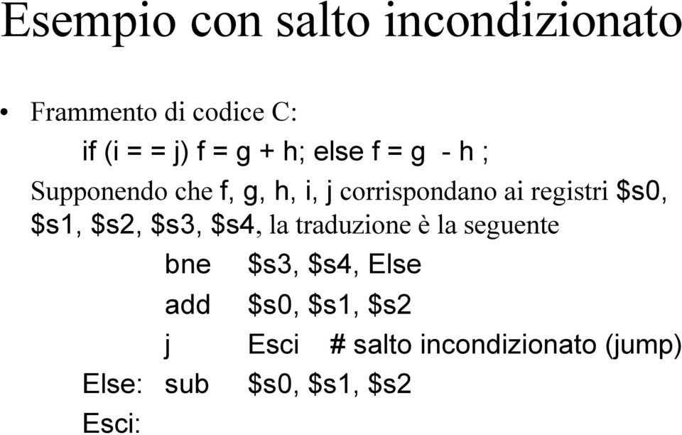 $s0, $s1, $s2, $s3, $s4, la traduzione è la seguente bne $s3, $s4, Else add