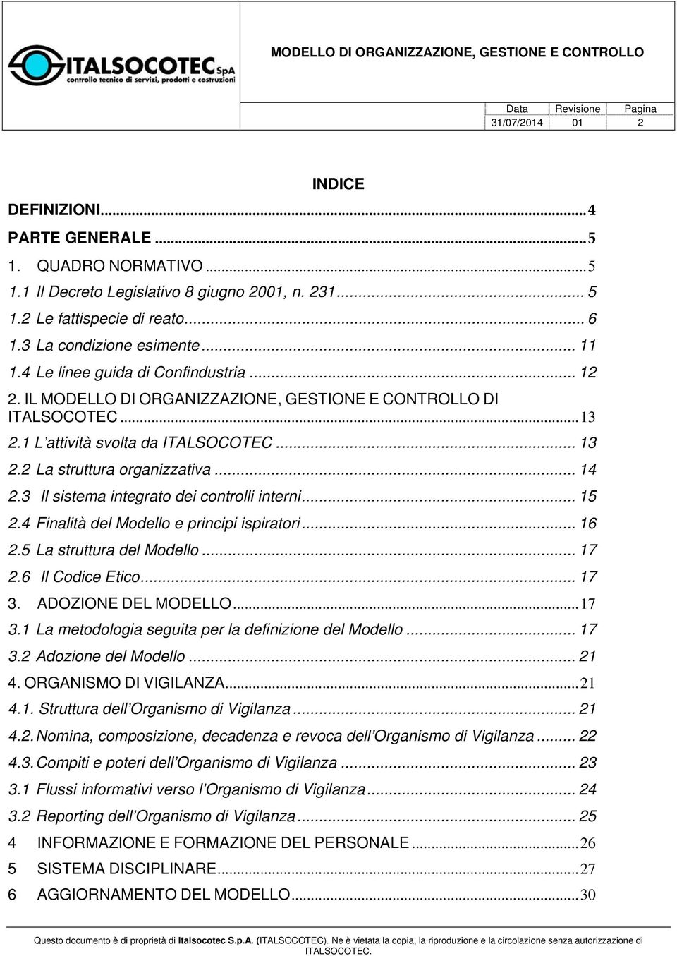 .. 14 2.3 Il sistema integrato dei controlli interni... 15 2.4 Finalità del Modello e principi ispiratori... 16 2.5 La struttura del Modello... 17 2.6 Il Codice Etico... 17 3. ADOZIONE DEL MODELLO.