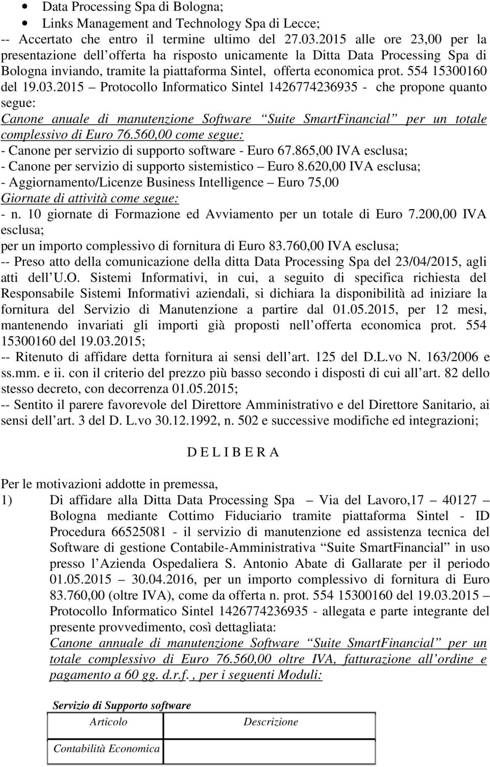 554 15300160 del 19.03.2015 Protocollo Informatico Sintel 1426774236935 - che propone quanto segue: Canone anuale di manutenzione Software Suite SmartFinancial per un totale complessivo di Euro 76.