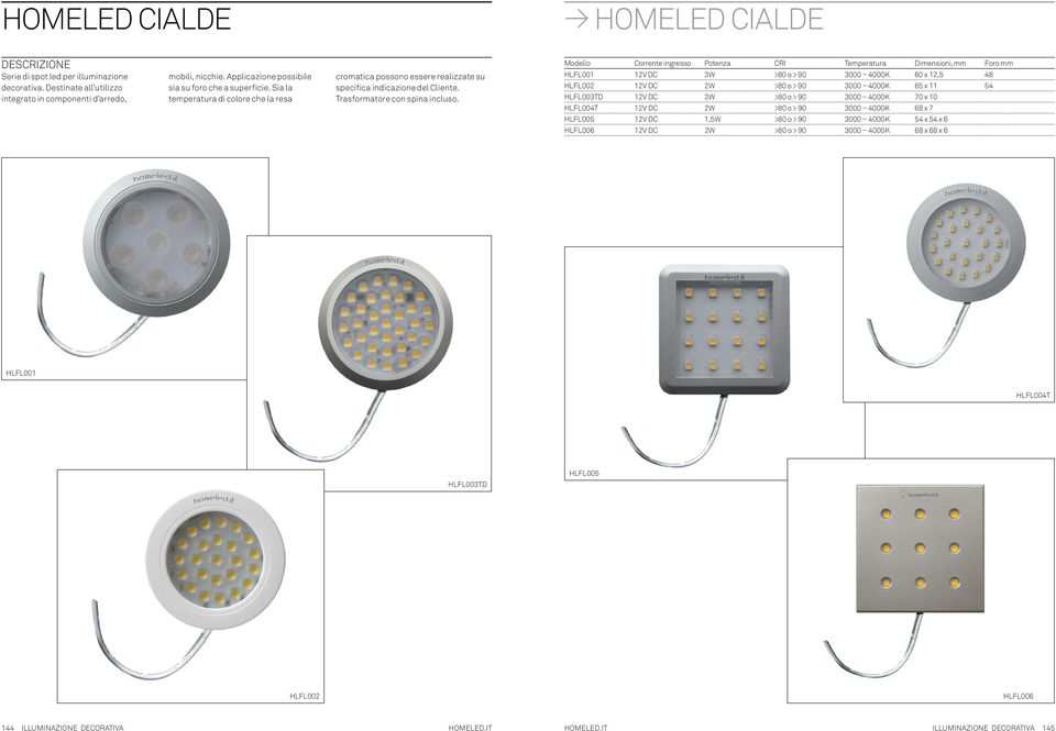 Modello Corrente ingresso Potenza CRI Temperatura Dimensioni, mm Foro mm HLFL001 12V DC 3W >80 o > 90 3000 4000K 60 x 12,5 48 HLFL002 12V DC 2W >80 o > 90 3000 4000K 65 x 11 54 HLFL003TD 12V DC 3W