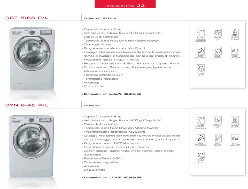 Igienizzante, Intensivo con vapore» Partenza differita 02 h BUONA NOTTE» Aquastop» Dimensioni cm (LxAxP): 60x85x52 DYN 816 P/L dynamic» Capacità di carico: 8 kg» Velocità di centrifuga: fino a 100