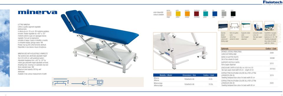 Foro per la respirazione completo di tappo. Il piano è imbottito e rivestito in similpelle lavabile, ignifuga classe 1IM. Portata max kg.200 uniformemente distribuiti.