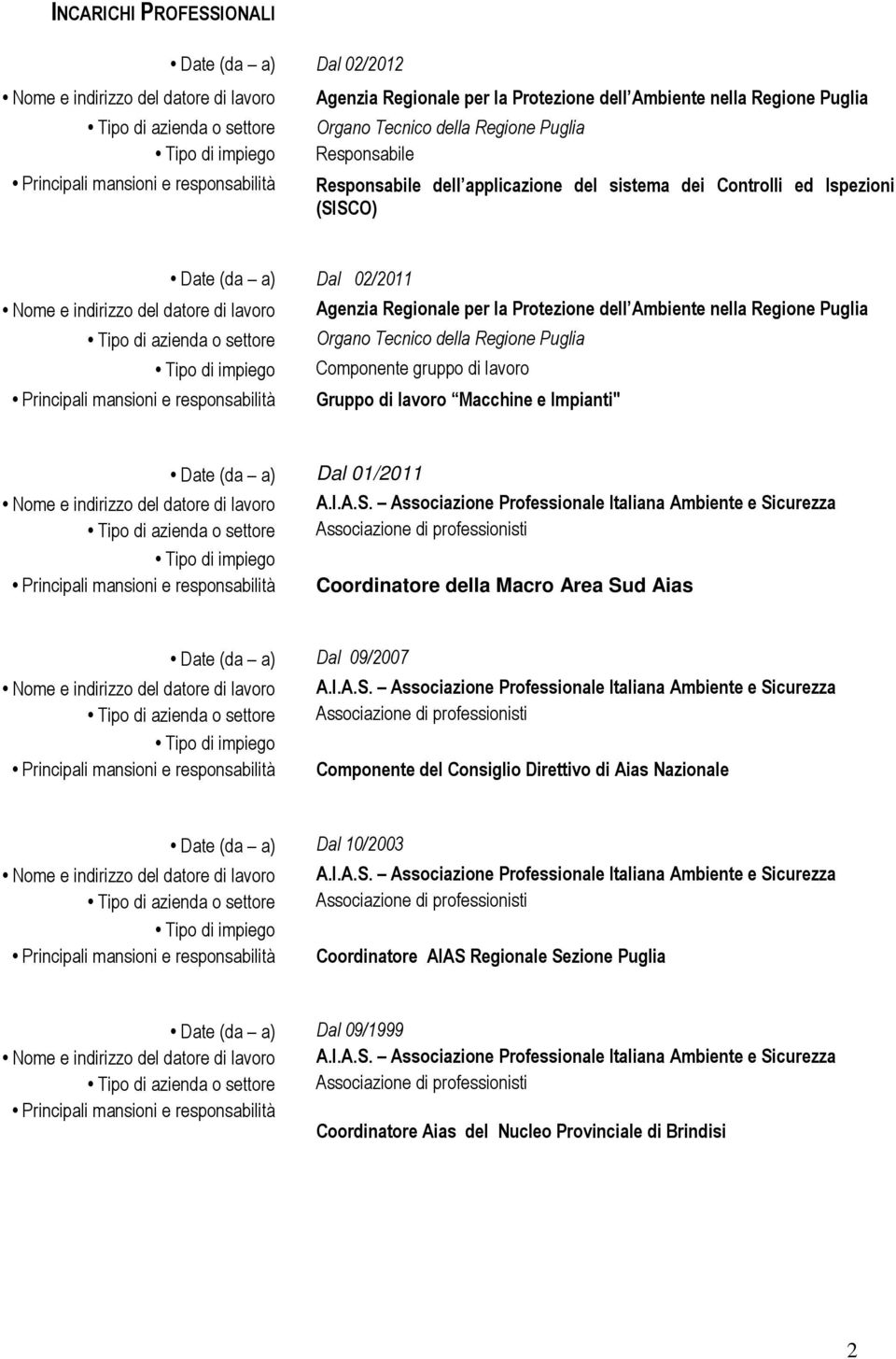 Impianti" Dal 01/2011 A.I.A.S. Associazione Professionale Italiana Ambiente e Sicurezza Associazione di professionisti Coordinatore della Macro Area Sud Aias Dal 09/2007 A.I.A.S. Associazione Professionale Italiana Ambiente e Sicurezza Associazione di professionisti Componente del Consiglio Direttivo di Aias Nazionale Dal 10/2003 A.