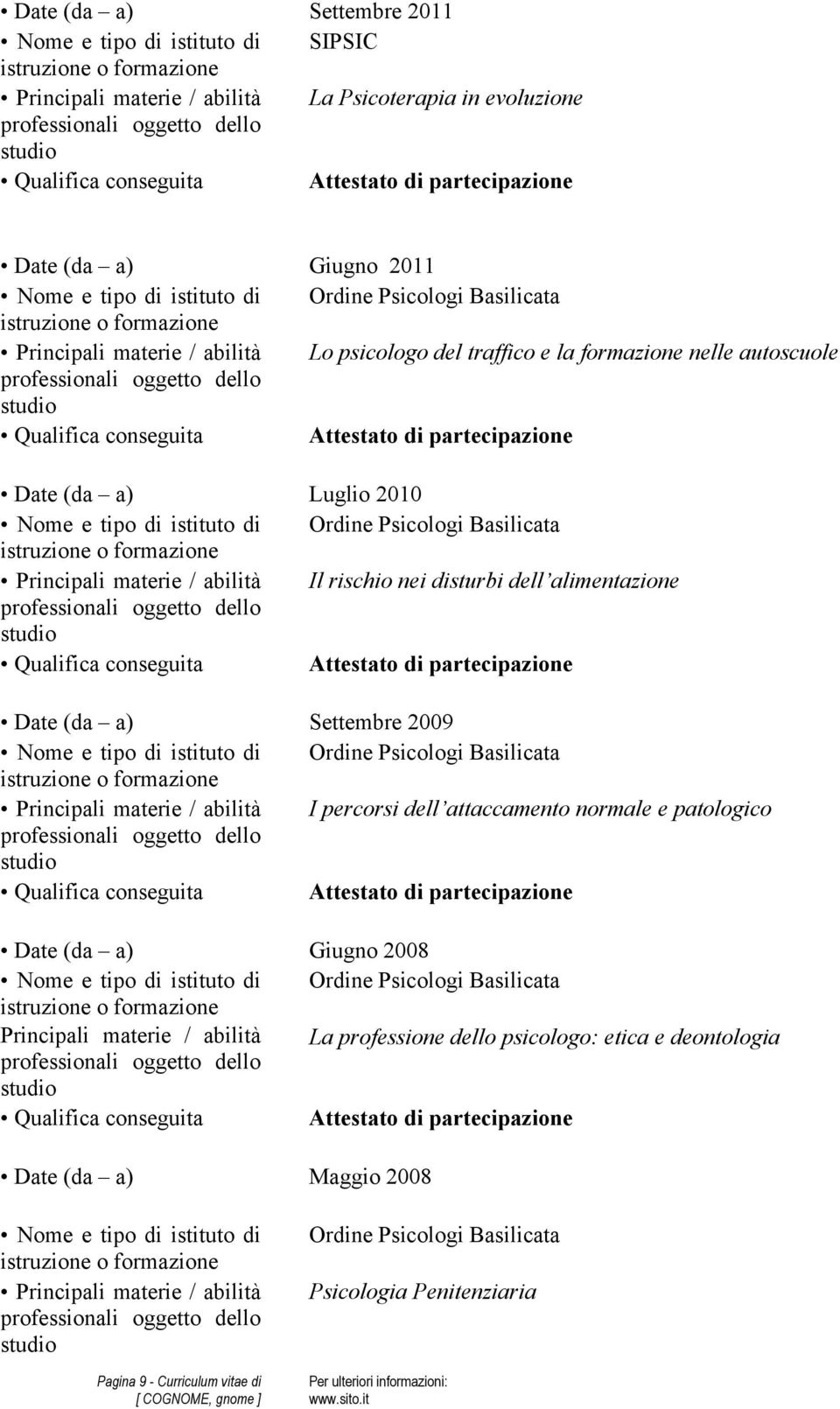 Ordine Psicologi Basilicata I percorsi dell attaccamento normale e patologico Date (da a) Giugno 2008 Ordine Psicologi Basilicata Principali materie /