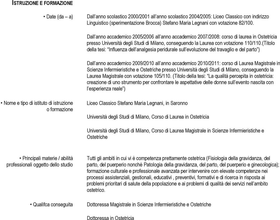 (Titolo della tesi: Influenza dell analgesia peridurale sull evoluzione del travaglio e del parto ) Dall anno accademico 2009/2010 all anno accademico 2010/2011: corso di Laurea Magistrale in Scienze