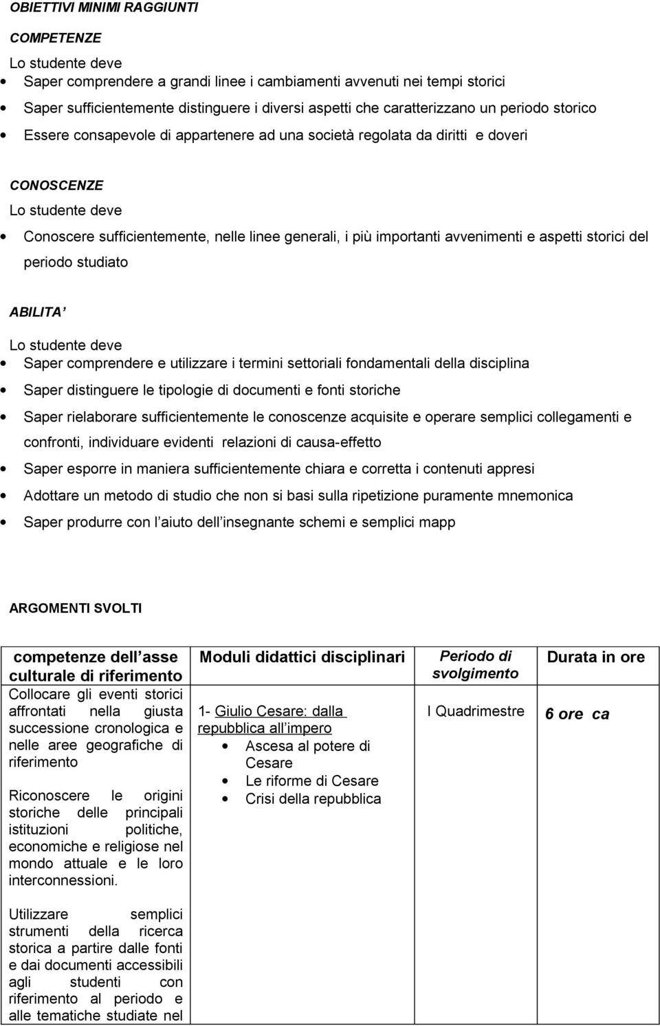 periodo studiato ABILITA Saper comprendere e utilizzare i termini settoriali fondamentali della disciplina Saper distinguere le tipologie di documenti e fonti storiche Saper rielaborare