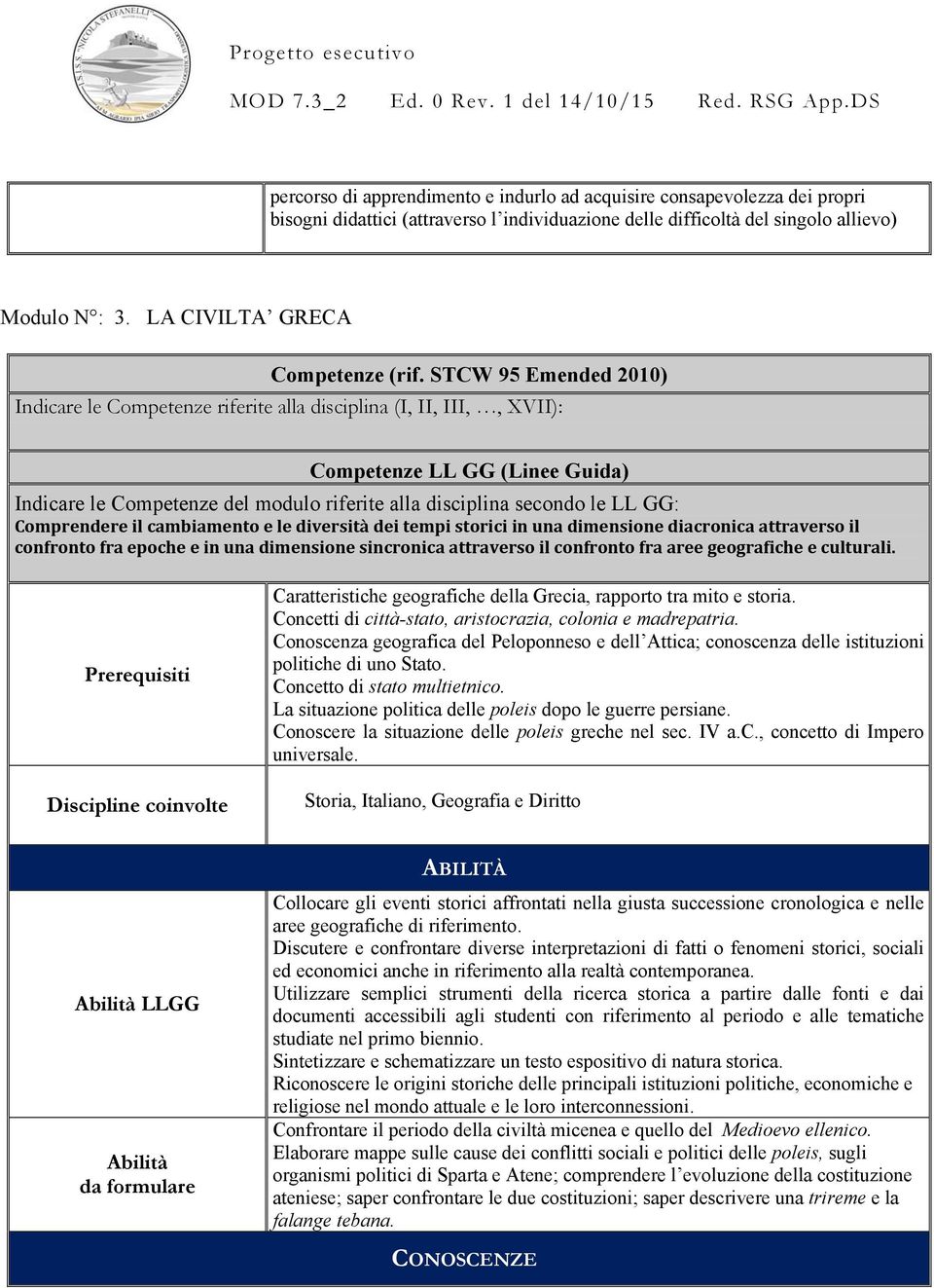 STCW 95 Emended 2010) Indicare le Competenze riferite alla disciplina (I, II, III,, XVII): Competenze LL GG (Linee Guida) Indicare le Competenze del modulo riferite alla disciplina secondo le LL GG: