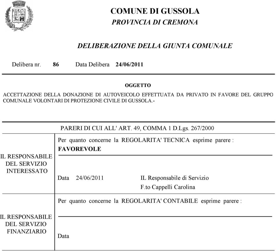 PROTEZIONE CIVILE DI GUOLA.- PARERI DI CUI ALL' ART. 49, COMMA 1 D.Lgs.