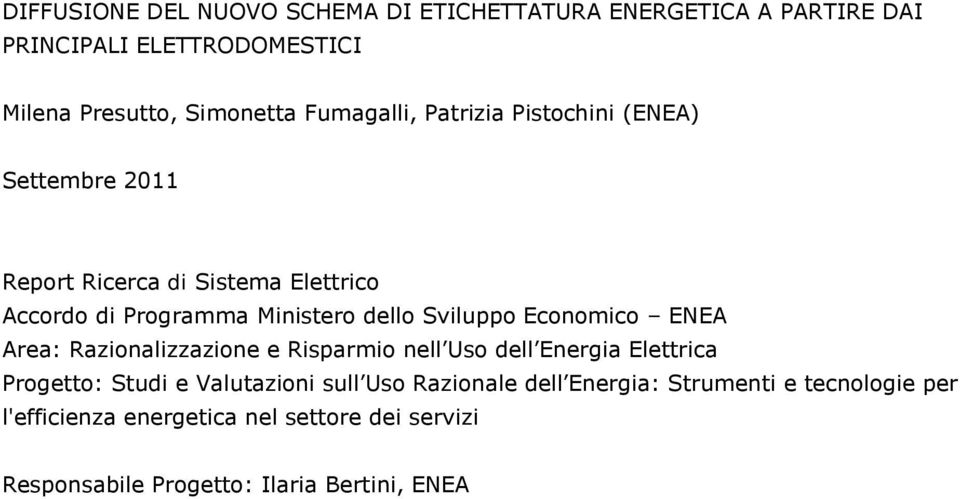 Sviluppo Economico ENEA Area: Razionalizzazione e Risparmio nell Uso dell Energia Elettrica Progetto: Studi e Valutazioni sull Uso