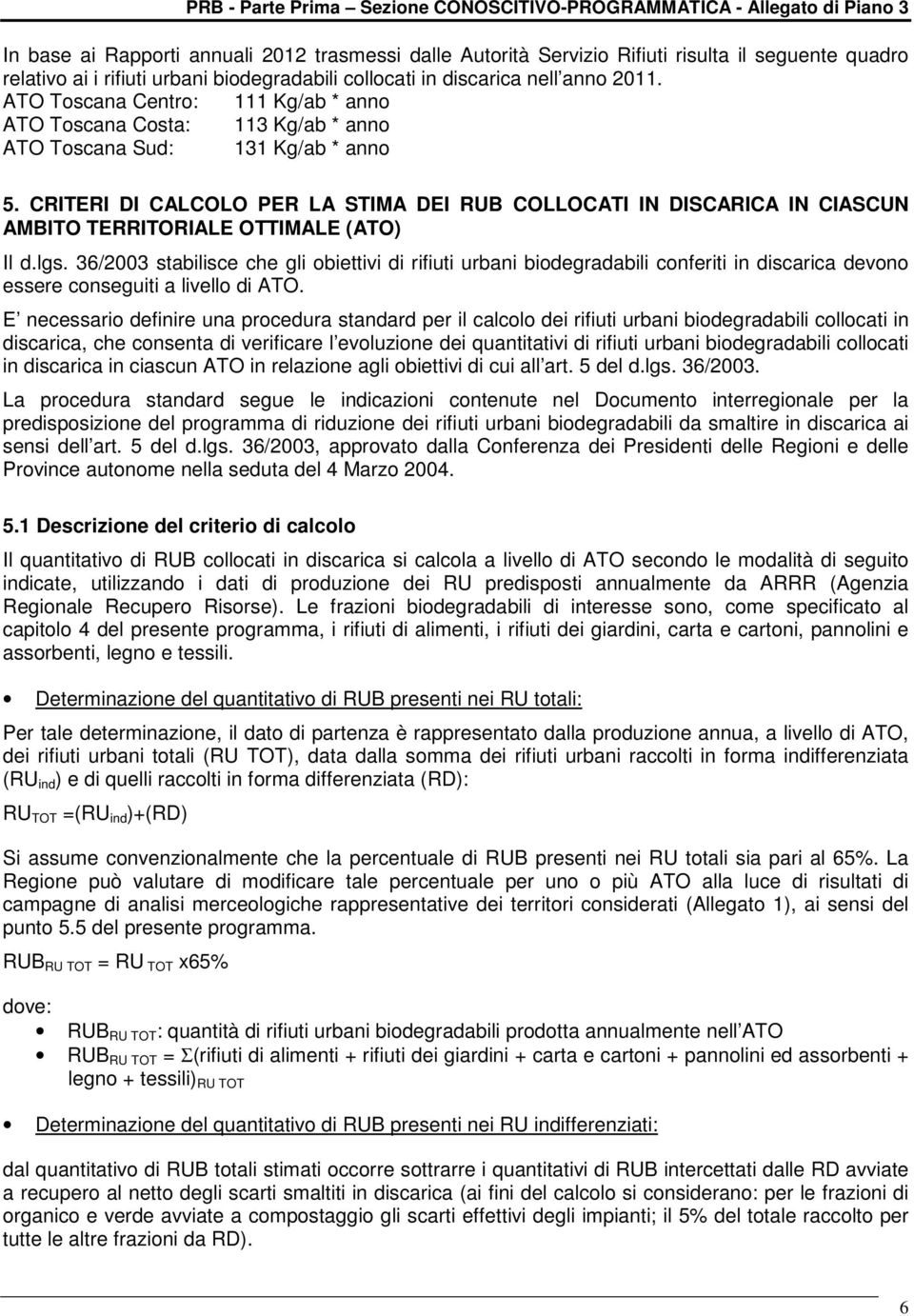 CRITERI DI CALCOLO PER LA STIMA DEI RUB COLLOCATI IN DISCARICA IN CIASCUN AMBITO TERRITORIALE OTTIMALE (ATO) Il d.lgs.