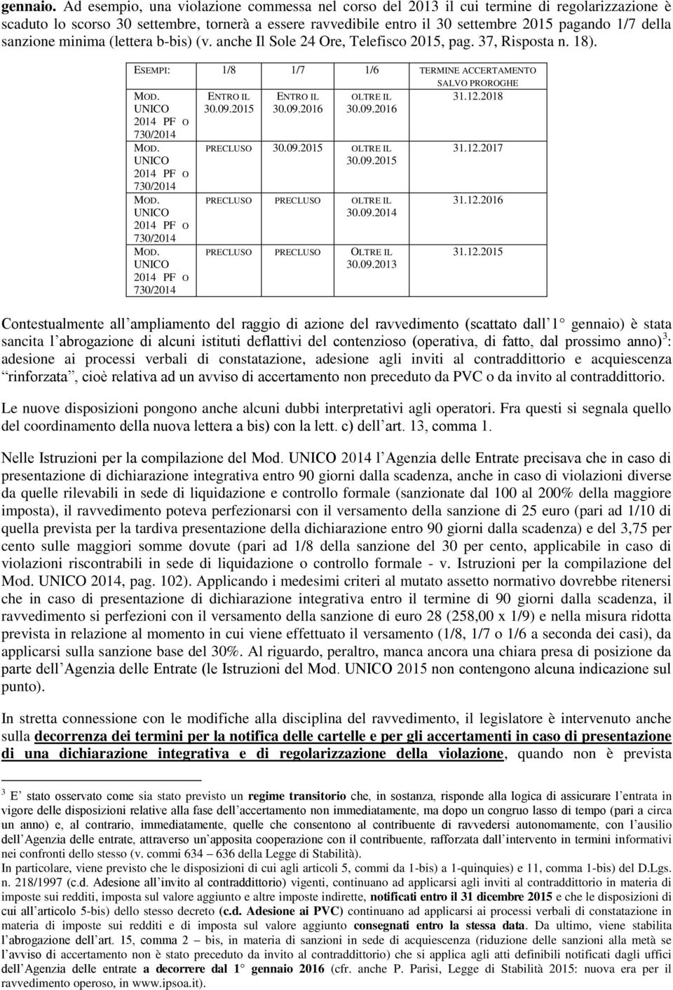 sanzione minima (lettera b-bis) (v. anche Il Sole 24 Ore, Telefisco 2015, pag. 37, Risposta n. 18). ESEMPI: 1/8 1/7 1/6 TERMINE ACCERTAMENTO SALVO PROROGHE 31.12.2018 ENTRO IL 30.09.2015 ENTRO IL 30.