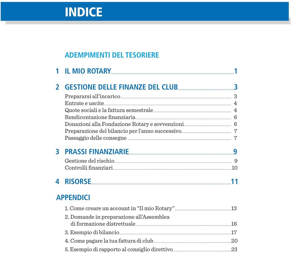 .. 6 Preparazione del bilancio per l anno successivo... 7 Passaggio delle consegne... 7 3 PRASSI FINANZIARIE 9 Gestione del rischio... 9 Controlli finanziari.