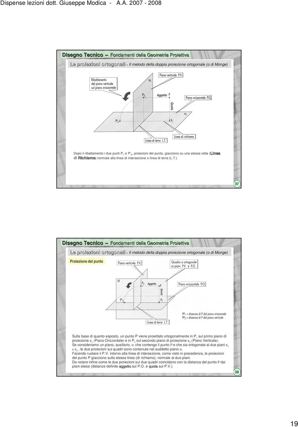 ) 37 Disegno Tecnico Fondamenti della Geometria Proiettiva Le proiezioni ortogonali - Il metodo della doppia proiezione ortogonale (o di Monge) Proiezione del punto σ Aggetto Quota Sulla base di