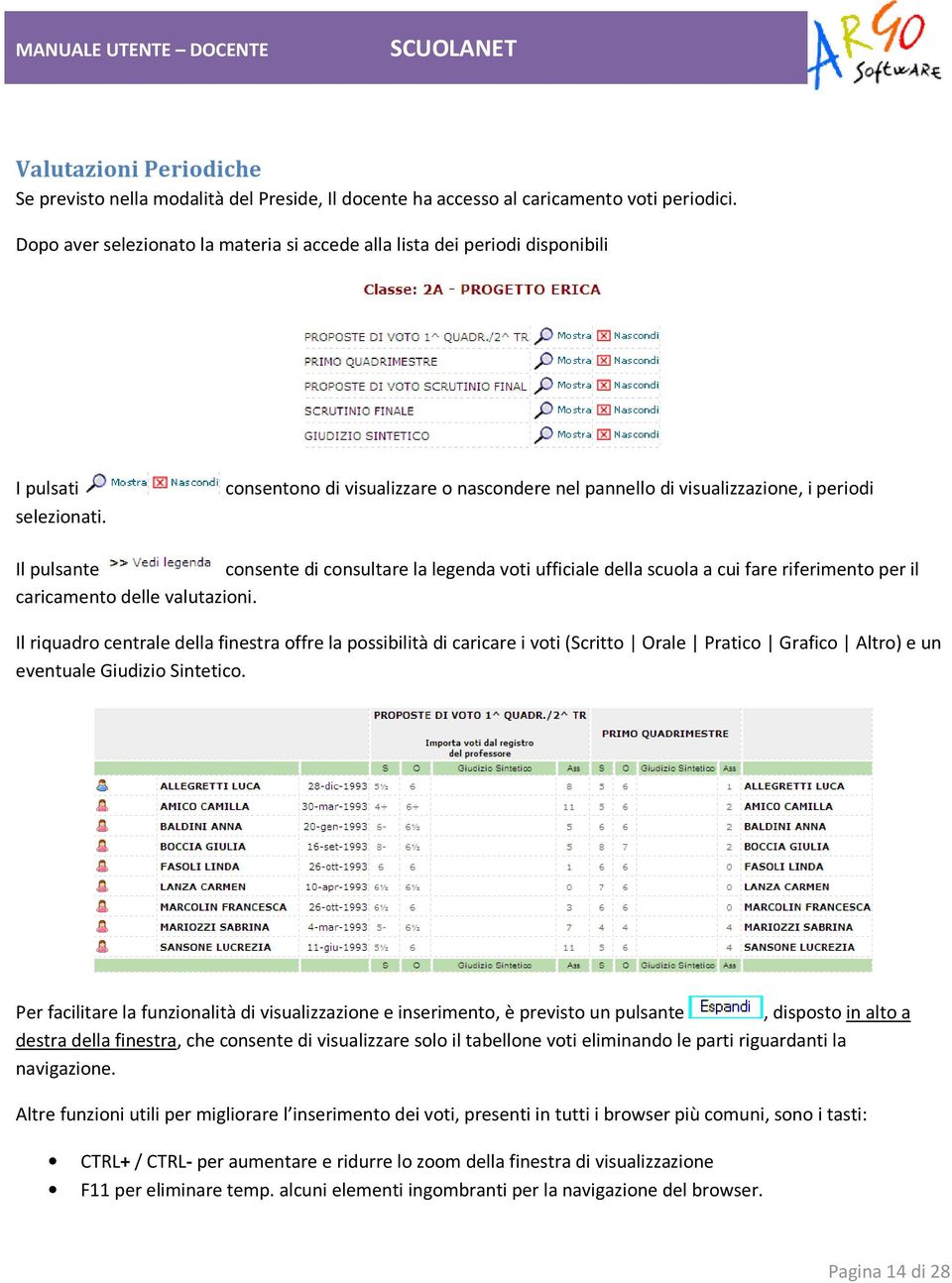 consentono di visualizzare o nascondere nel pannello di visualizzazione, i periodi Il pulsante consente di consultare la legenda voti ufficiale della scuola a cui fare riferimento per il caricamento