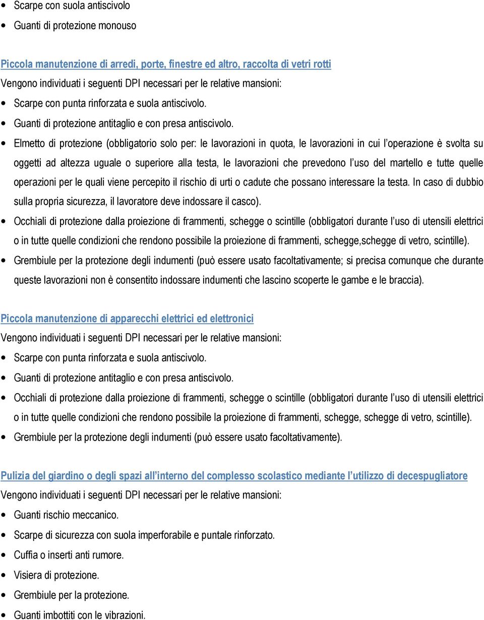 Elmetto di protezione (obbligatorio solo per: le lavorazioni in quota, le lavorazioni in cui l operazione è svolta su oggetti ad altezza uguale o superiore alla testa, le lavorazioni che prevedono l