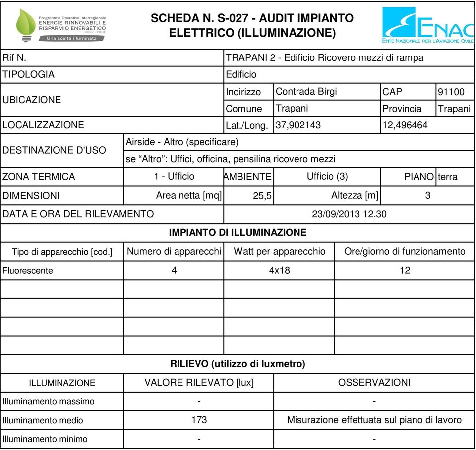 S-027 - AUDIT IMPIANTO ELETTRICO () Airside - Altro (specificare) ZONA TERMICA 1 - Ufficio AMBIENTE Ufficio (3) PIANO terra DIMENSIONI Area