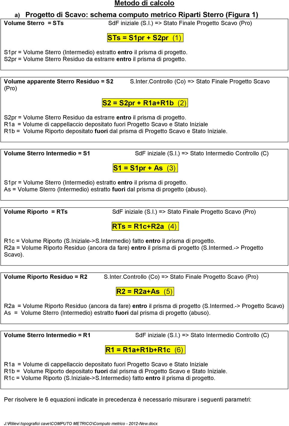 S2pr = Volume Sterro Residuo da estrarre entro il prisma di progetto. Volume apparente Sterro Residuo = S2 (Pro) S.Inter.