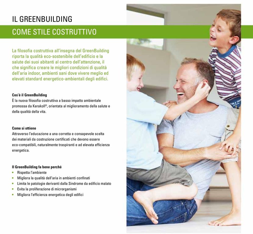 Cos è il GreenBuilding È la nuova filosofia costruttiva a basso impatto ambientale promossa da Kerakoll, orientata al miglioramento della salute e della qualità della vita.
