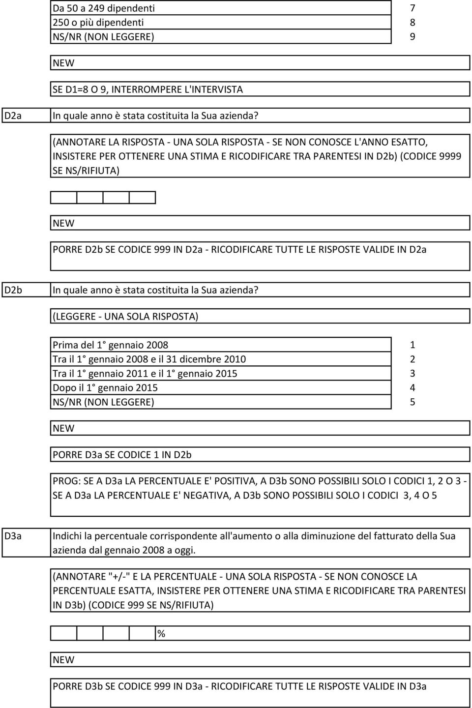 - RICODIFICARE TUTTE LE RISPOSTE VALIDE IN Da Db In quale anno è stata costituita la Sua azienda?