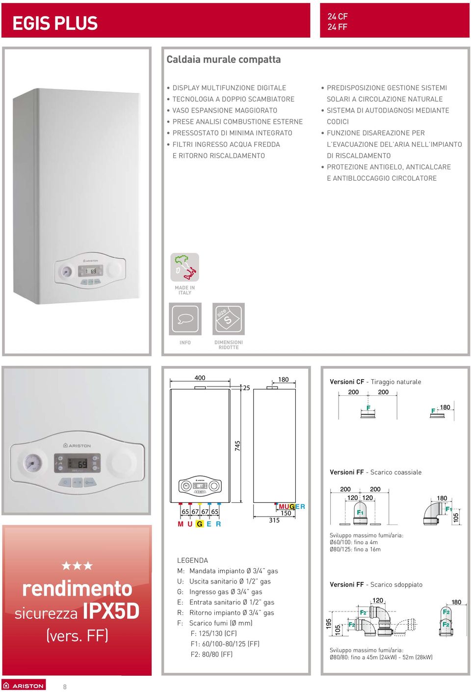 evacuazione del aria nell impianto di riscaldamento Protezione antigelo, anticalcare e antibloccaggio circolatore MADE IN ITALY INFO Dimensioni ridotte 400 25 180 Versioni CF - Tiraggio naturale 745