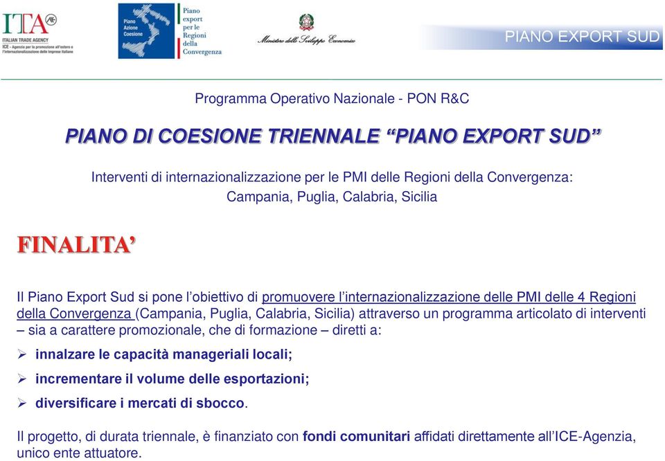 Puglia, Calabria, Sicilia) attraverso un programma articolato di interventi sia a carattere promozionale, che di formazione diretti a: innalzare le capacità manageriali locali;