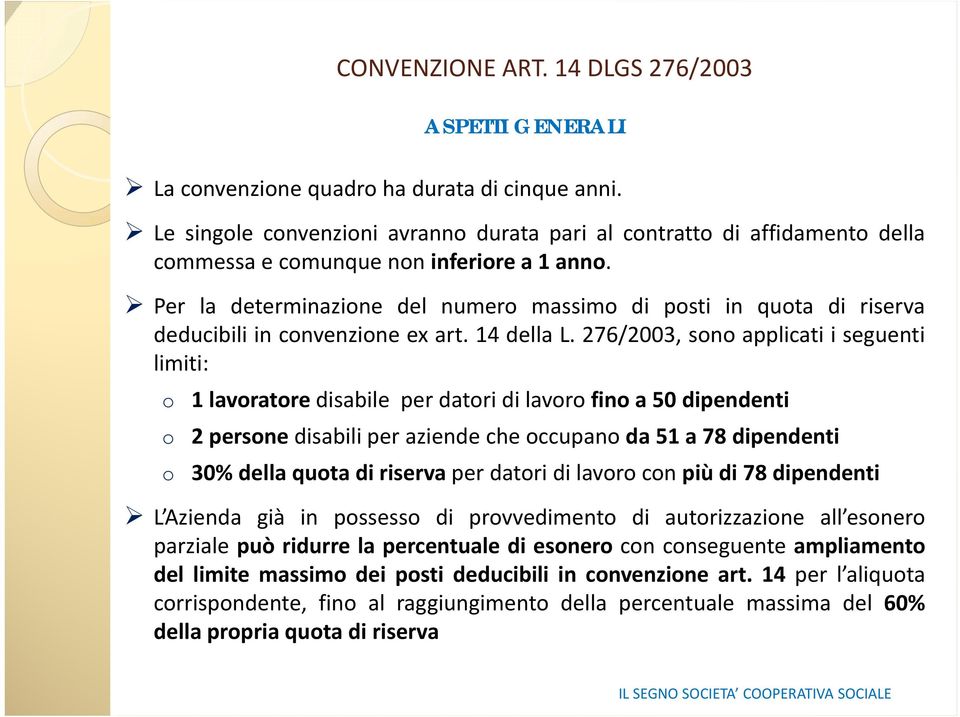 276/2003, sono applicati i seguenti limiti: o 1 lavoratore disabile per datori di lavoro fino a 50 dipendenti o o 2personedisabili per aziende che occupano da 51 a 78 dipendenti 30% della quota di