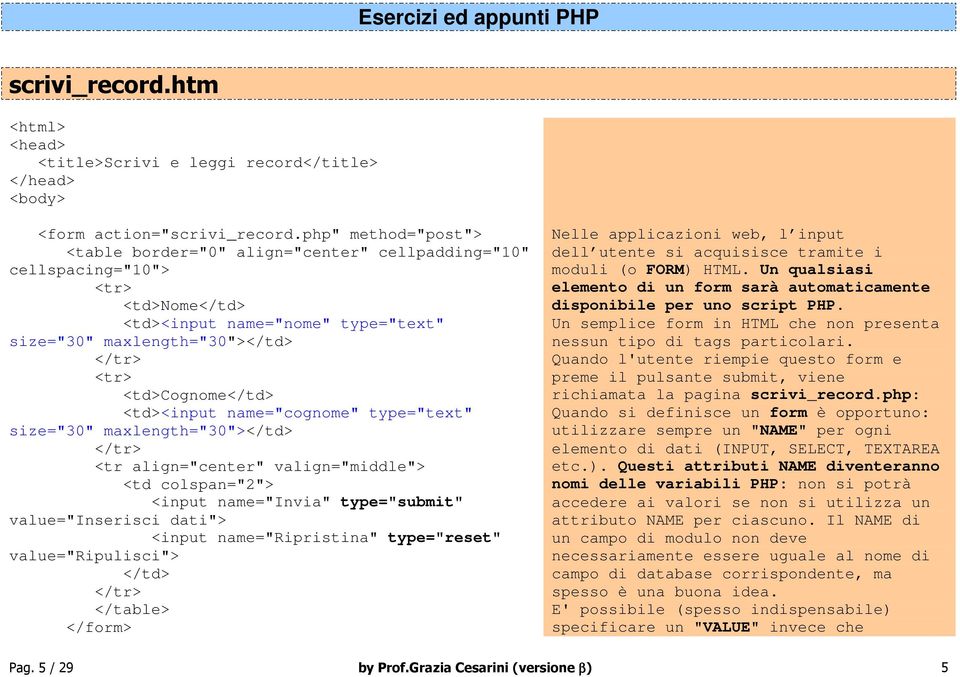 <td>cognome</td> <td><input name="cognome" type="text" size="30" maxlength="30"></td> </tr> <tr align="center" valign="middle"> <td colspan="2"> <input name="invia" type="submit" value="inserisci